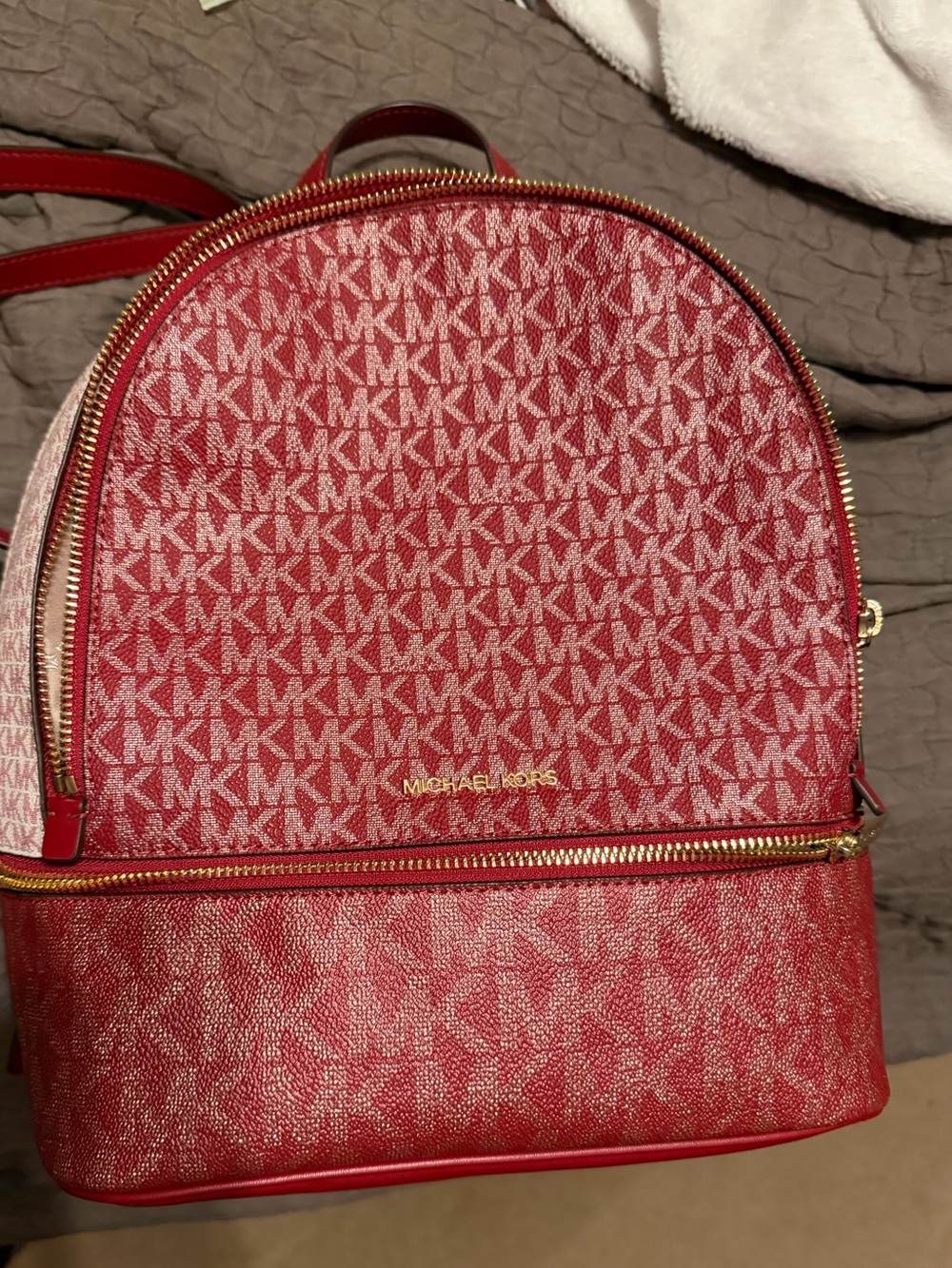 Michael Kors Red MK Signature Dome Backpack with Gold Hardware